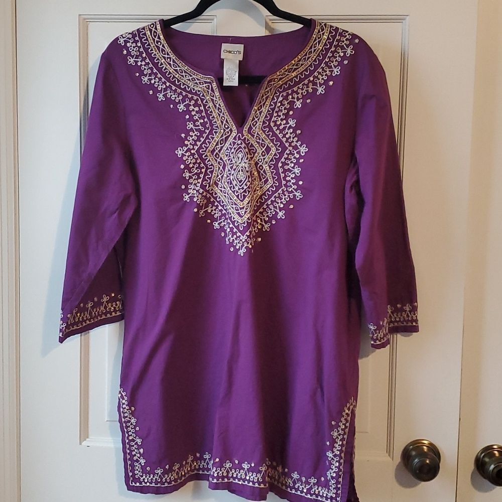 CHICO'S PURPLE GOLD EMBROIDERED TUNIC BLOUSE COTTON SIZE 2 US LARGE 12